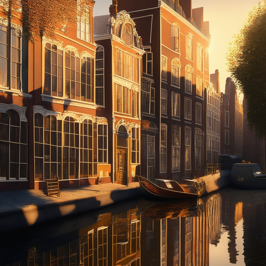 18th-century canal lined Amsterdam, in Vermeer-like precision, artistically stylized to blend classical and digital aesthetics. Late afternoon sun bouncing off traditional building facades, casting long shadows & warm glow, replacing shopping signs with ethereal cryptocurrency icons. Mood of resistance yet triumph, reflecting crypto's unpredictable navigation in regulatory waters.