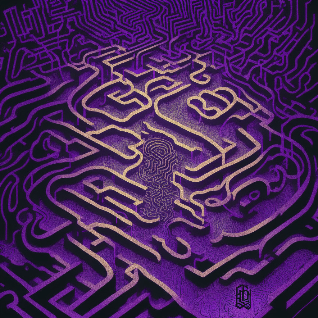 A wavy labyrinth representative of the cryptoworld, divided into light and shadow, touched by Monet's impressionism. In shadows, chaotic scribbles depicting cybercrime and regulations like warriors, overlaid by an ominous purple hue. In light, technological advancements like blockchains as golden pathways amid soft hues of progress and optimism.