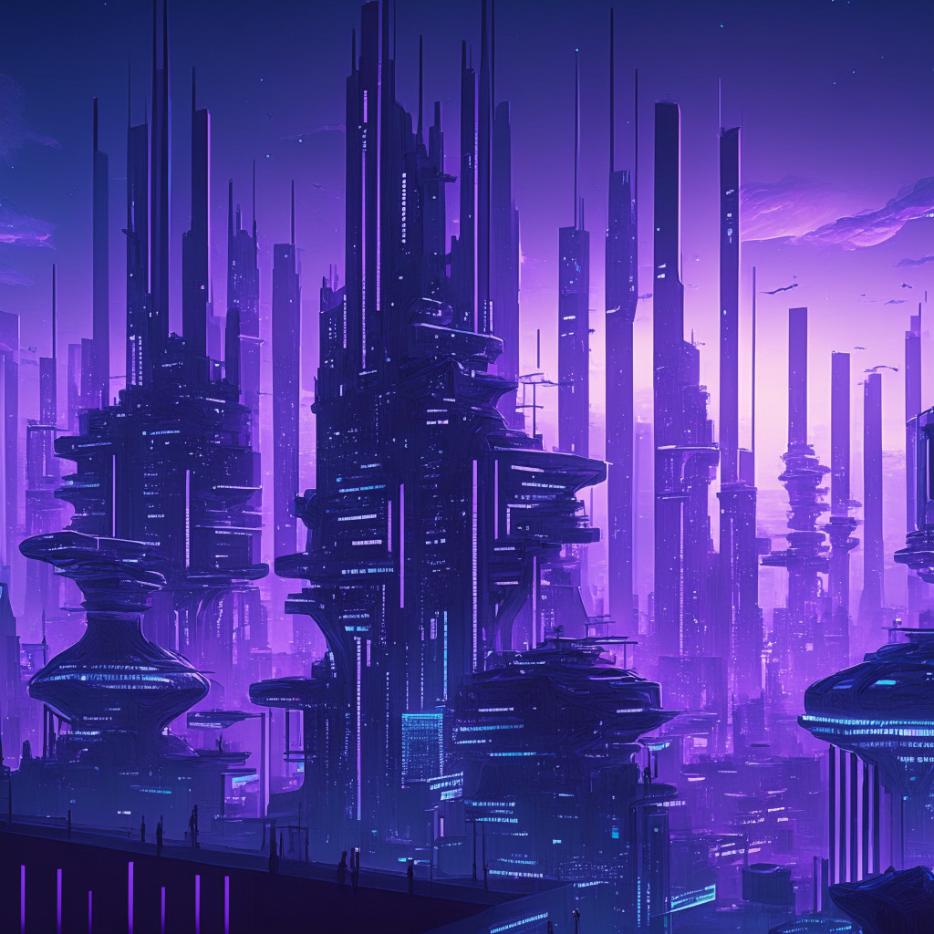 A futuristic cityscape at dusk, bathed in soft, blue-purple hues setting a mood of optimistic ambiguity. A large, translucent, decentralized network structure symbolizing blockchain integration and NFT tokenization rises, majestic and full of promise. Varied digital entities, symbolic of freelancers and employers, interact harmoniously within the network. They exchange binary coded contracts, capturing the essence of secure, transparent transactions. The dominant art style echoes surrealism, highlighting the revolutionary concept of transforming traditional freelancing through technology.