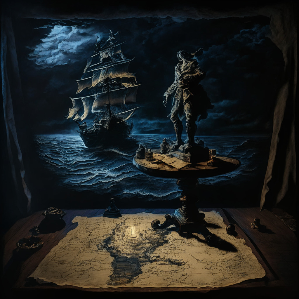 Ancient mariner's map on a weathered table, illuminated by candlelight, Central figure, Changpeng Zhao, stands at the helm. Skyscape filled with ominous storm clouds, symbolizing legal standoff. Painted in the style of Romanticism; deep shadows, contrasting light carving tension, illustrating complex maneuvering in uncharted waters of Global Crypto Regulation.