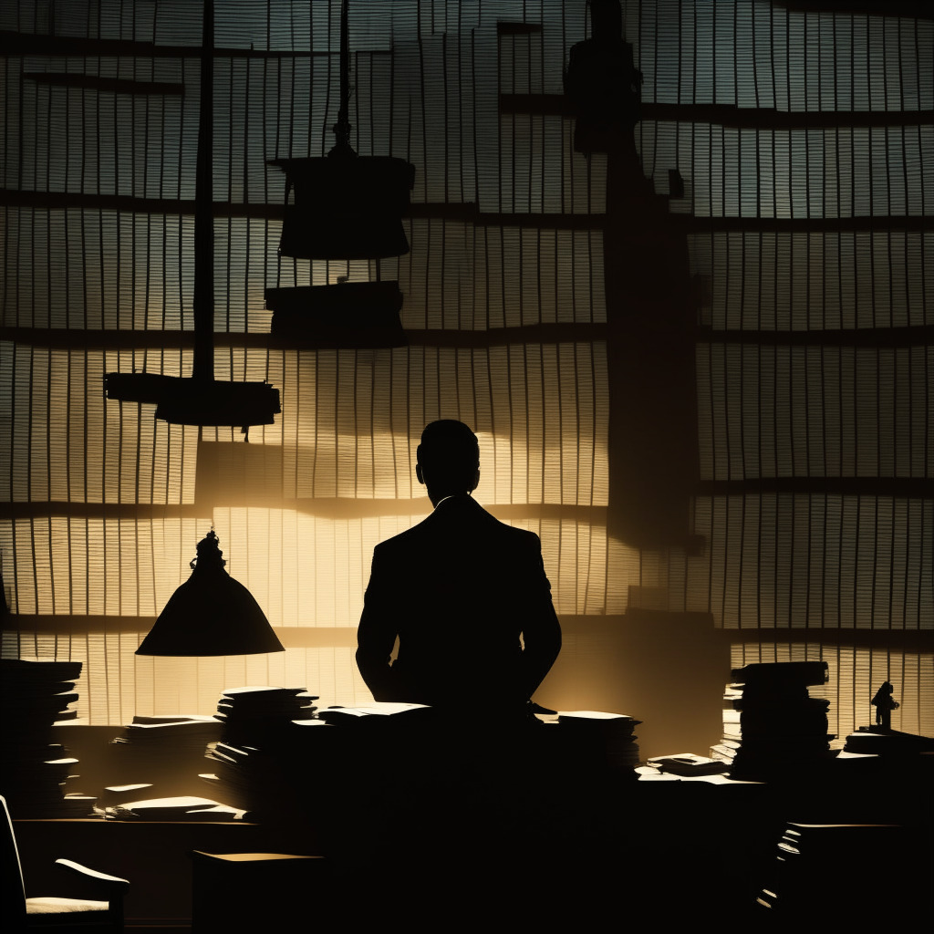A courtroom atmosphere reflecting the complexity of a crypto CEO's legal battle, Alex Mashinsky in silhouette gazing upon a massive stack of documents illuminated by a dim desk lamp; the chiaroscuro effect emphasizes the gravity of the situation. A grim mood with cold colors, threads of ambiguous legal texts subtly visible on the room walls, symbolizing the intricate legal framework crypt industry is bound to.