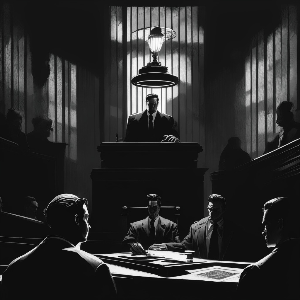 An interpretation of an intense courtroom themed artwork, with vintage film noir style, focusing on dichotomous lighting to highlight the tension surrounding the legal disputes in the crypto landscape. The artwork should convey a paradigm shift signifying the undefined future of cryptocurrencies, evoking a somber and contemplative mood, with equal parts ambiguity and intensity.