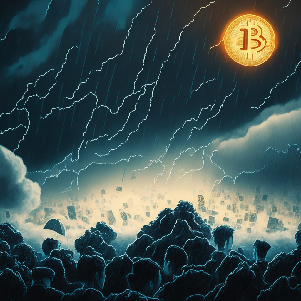 A stormy financial landscape with Bitcoin floating near the 30k peak, a looming shadow of legal predicaments in the background, institutional safety nets near the 24k foothold, intrigued faces representing analysts and investors observing the market dynamics, lit by the glow of cautious optimism, yet clouded by uncertainty.