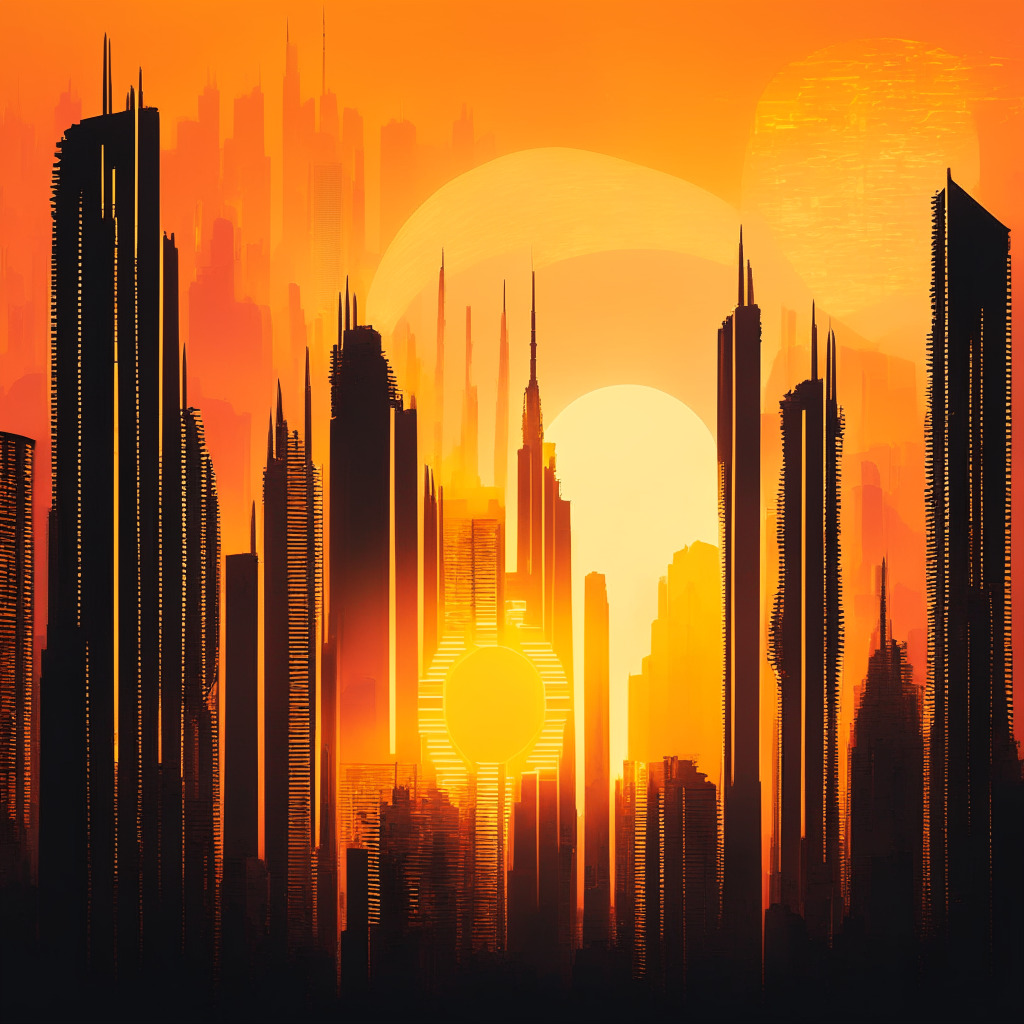 Sunset over a futuristic Hong Kong skyline, casting golden hues on skyscrapers interwoven with complex digital mazes. City teems with abstract crypto symbols and subtle blockchain elements. Mood is hopeful yet fraught with challenges, illuminated by an emerging dawn signifying progressive dialogues.