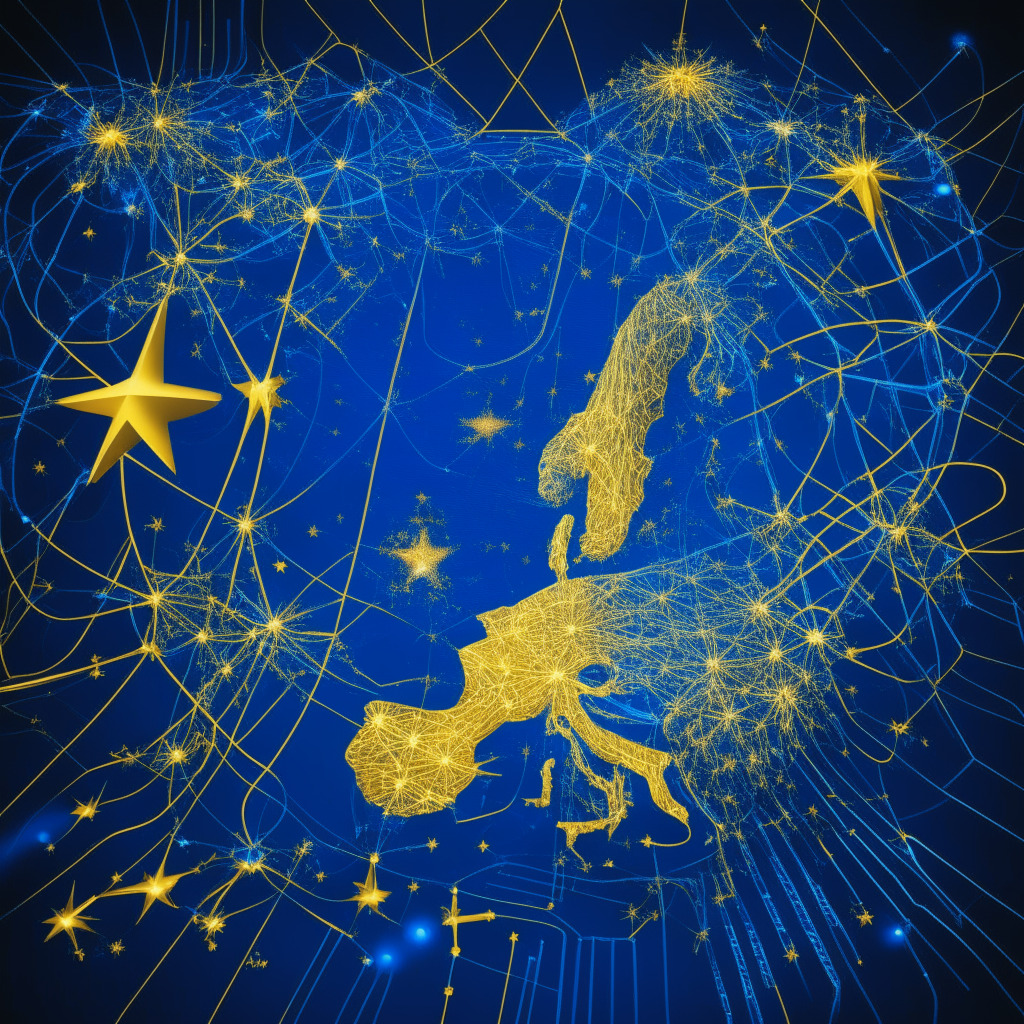 An abstract visualization of the Metaverse, reflecting the EU's ambitious blueprint, ethereal hues of blue and gold symbolizing technological advancement, A digital map of Europe in the centre, 27 stars representing EU states interconnected through radiant lines, in the backdrop, spectrums of quantum computing, AI, and 6G networks. A tense atmosphere, an air of anticipation, yet the image radiates primeval Europe's resilience and ambition.