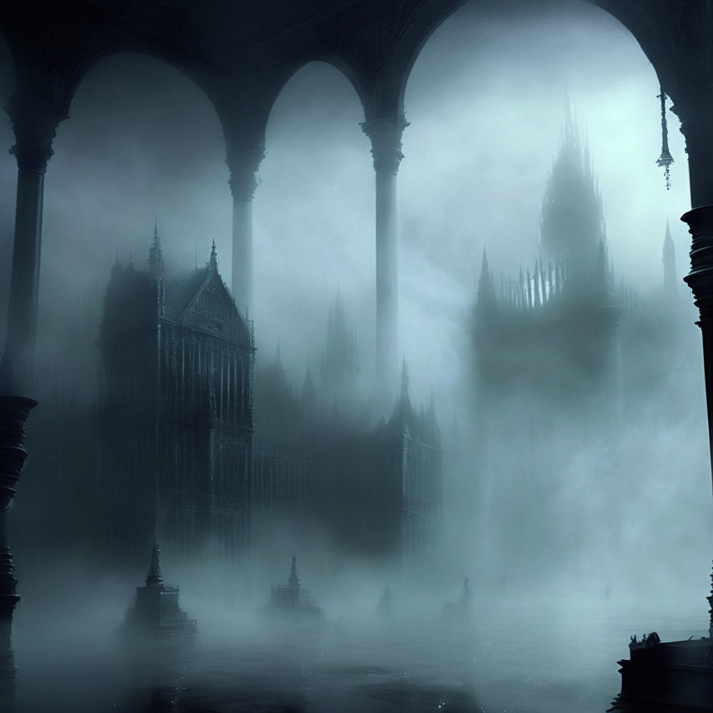 Late-Victorian styled cyberspace showing the House of Lords in animated deliberation, misty grey ambiance conveying the cloudy, uncertain metaphorical 'Murky Waters' of the metaverse, light low and flickering, capturing the atmosphere of gravity and unease. Virtual objects represented as faded ghosts - a symbol of potential danger in the digital realm.