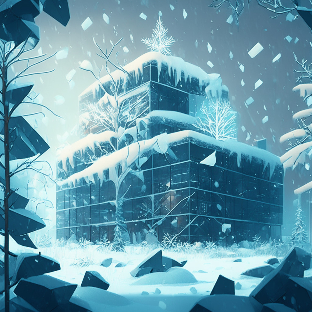 A winter landscape of cryptocurrency market, detailed blockchain nodes as trees, NFT-inspired collectibles like frost-tipped leaves. Soft, downturned market light highlighting a resilient company headquarters amid falling snow (representing market slump), decorated in a modern, tech-inspired art style. A hint of industry's pulse subtly glowing within the building, evoking a sense of resilience, adaptation and hope.