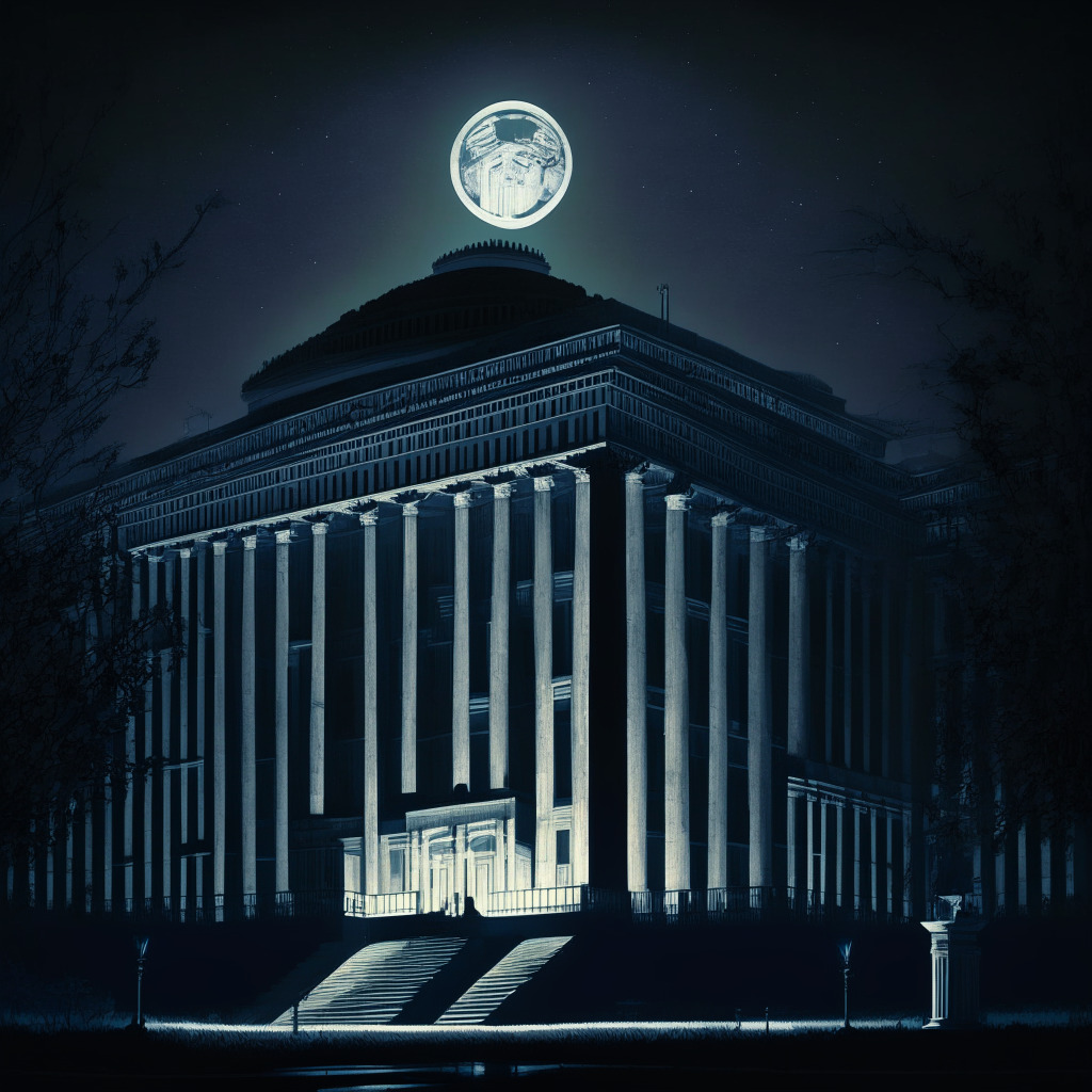 An imposing federal building under a pale moonlight, Senators signing crypto legislation, intricate details of a digitally-themed bill cascading. Unexpected shadows hint at the crypto world's transformation. Privacy coins, crypto mixers, tangle subtly in the background, highlighting their uncertain fate. Against this understated turmoil, bright light focuses on the Treasury Department, embodying the regulatory force. Dark colors, chiaroscuro technique depict dramatic intensity yet promised stability.