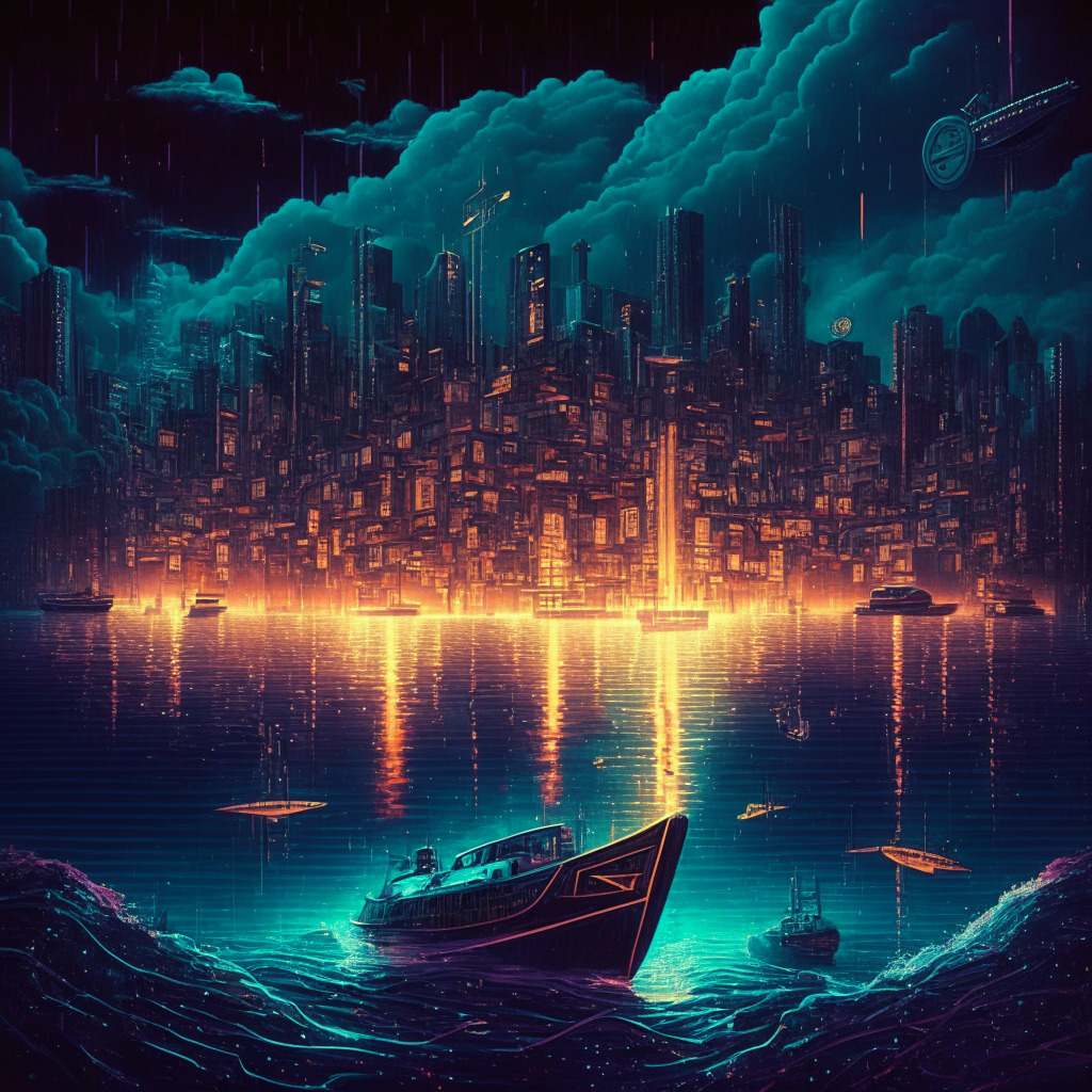 Twilight scene depicting the fusion of the old and new world of finance, Neoclassical Wall Street merging with a Circuit board city, glowing Bitcoins raining down, a digital river with ETF boats sailing, Decentralization principle symbol etched in the sky. Mood: Anticipation.