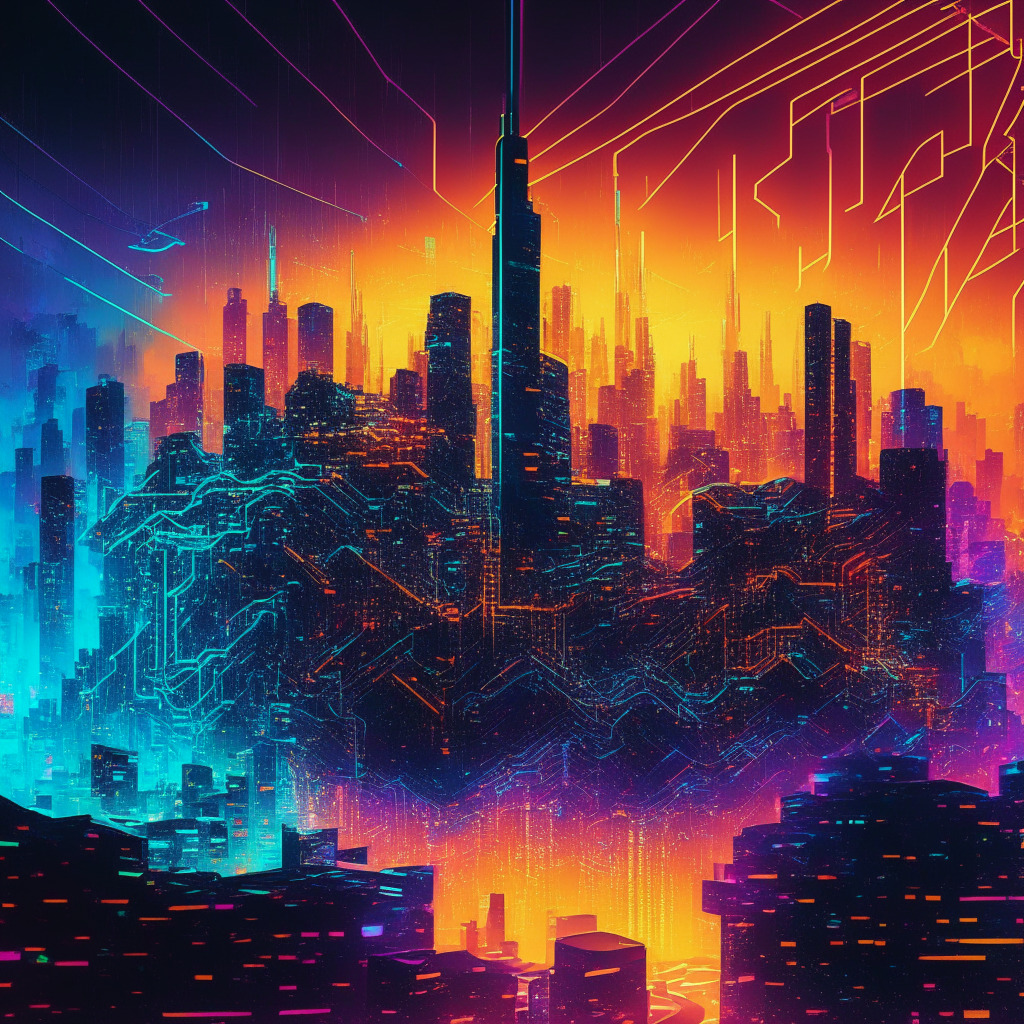 A tumultuous early morning on a digital skyline, illustrating the volatile and mysterious cryptomarket. Vivid hues of neon lights denote system vulnerabilities and digital heists, with CURV currency cascading downwards in a spectacular 14% drop. In the midst, an emerging AI entity symbolizes yPredict, emitting golden beams, hinting future promises and a revolutionary trading approach. The scene, imbued with notes of caution and excitement in a 'wild west' aura, denotes the uncertainty and potential of crypto market.