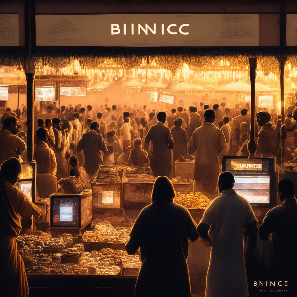A bustling Indian marketplace at dawn, filled with numerous stalls adorned with digital screens displaying constantly fluctuating cryptocurrency values. Binance symbol subtly engraved on one of the screens. The illumination is soft and warm. Traders discussing, conducting transactions on handheld devices. A mix of physical and digital art style, showcasing modernity clashing with tradition. Highlight the sense of intrigue and uncertainty.