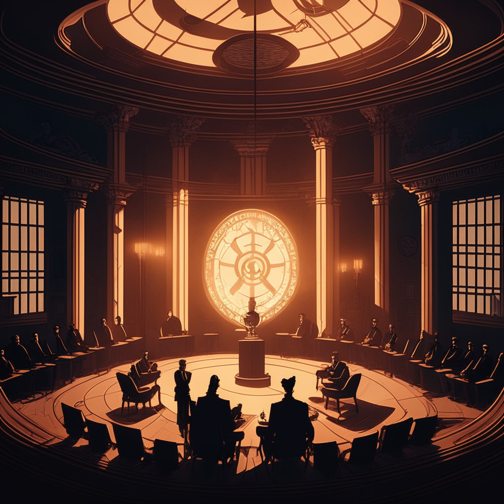 An intricate scene of a modern legislative meeting room, dusk lighting with long shadows cast by participants, Balanced composition of Congress representatives and a symbolic figure of cryptocurrency. The atmosphere is tense, Art Nouveau style, the mood reflecting the complexity and uncertainty surrounding cryptocurrency regulation.