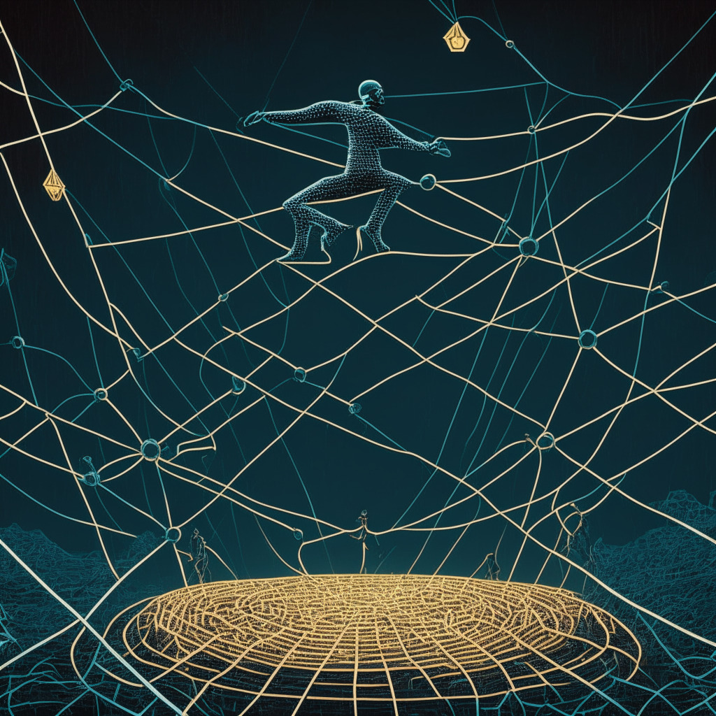 A scene representing the concept of navigating a crypto regulatory minefield, featuring a tightrope walker balancing over a complex web of blockchains that takes the form of a minefield, representing the intricacies of cryptocurrency regulations. The scene is lit in a dramatic chiaroscuro style, enhancing contrasts and highlighting risks and potentials in equal measure. Mood: tense, suspenseful. Art Style: abstract yet detailed, emphasizing the enigmatic nature of the subject matter.
