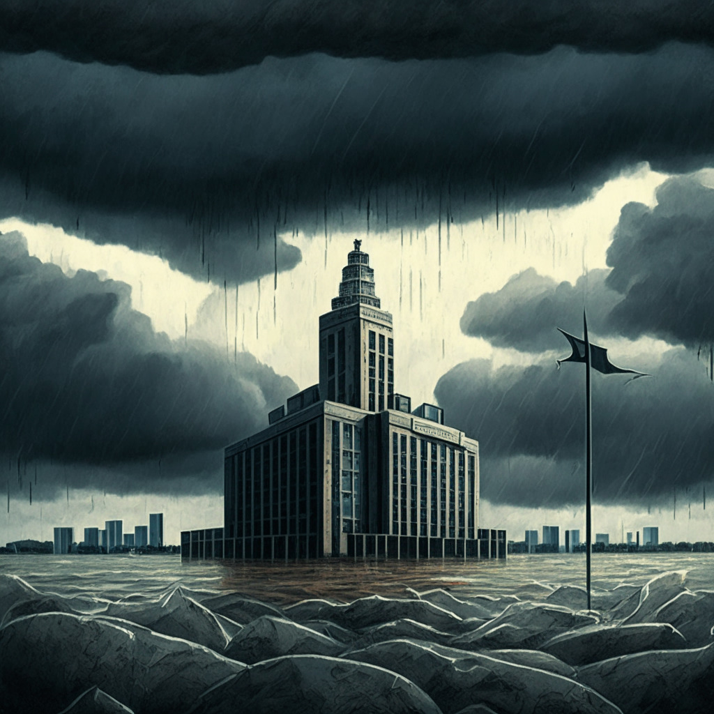 An illustrative image encapsulating the tense regulatory discord in the cryptocurrency sphere, featuring a dystopian Danish skyline in the backdrop, brushed with surrealistic artistic style. A central bank building, visibly drained of vivacity under a stormy, ominous sky, signifying the enforced divestment. Bit-coin styled objects leaving the bank, illuminating the scene in an otherwise gloomy setting. The tumultuous sky speaks of uncertainty, mirroring the ongoing clash between emerging cryptocurrencies and current financial systems.
