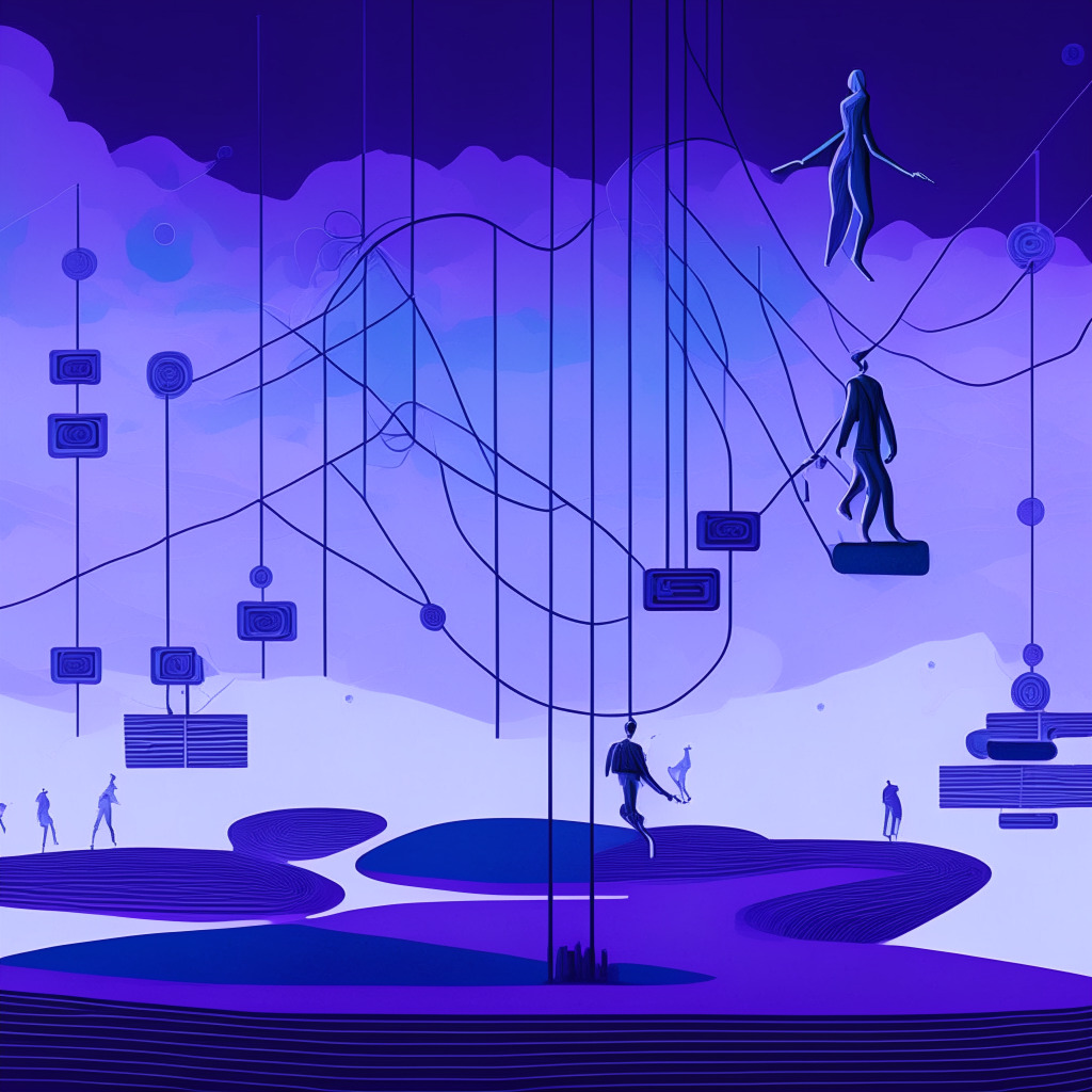 An abstract representation of a tightrope, Suspended over an expansive digital landscape depicting decentralized finance (DeFi) protocols and crypto wallets. In serene cool blues and purples, conveying a mood of scrutiny and regulatory tension. Figures stand on either side, symbolizing investors and lawmakers, shed in a light of potential conflict. The sky illuminated in soft dawn light, portraying a new regulatory era in crypto society.