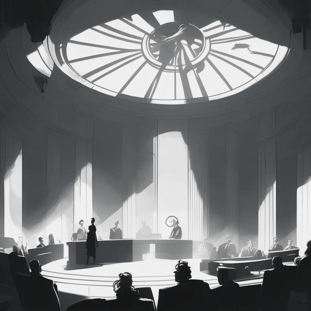 Modern courtroom with a nuanced grayscale palette, airy atmosphere. Embellished justice scale at the center, symbolizing SEC's victory. Slight shadows cast by overhead lights, creating an uncertain mood. In the background, individuals representing investors express mixed feelings. Art Nouveau style, reflecting the complex, ever-evolving crypto landscape.