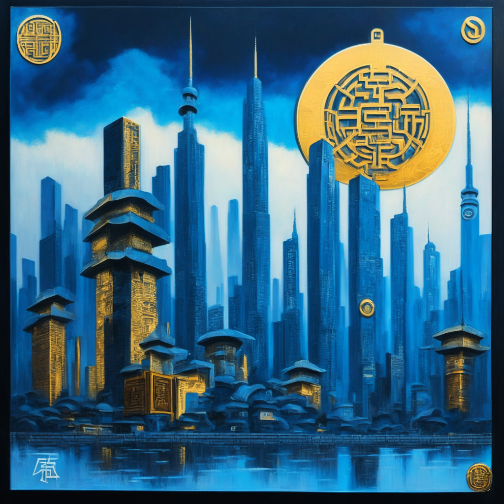 A vivid painting set in a futuristic Beijing, dusk falls casting an atmospheric gray-blue hue over the city. Embellished in a mix of Impressionist and Futurist art styles, this avant-garde cityscape buzzes with financial institutions. Signboards flash symbols of digital currencies and stablecoins, hinting at vibrant economic advancements. A massive gold coin bearing the symbol of Yuan floats in the skyline, drawing a stark contrast to the government buildings demanding control and order. An undulating river flows through the city, symbolizing the roaring tides of tech advancements. The mood is full of suspense and anticipation, with the city awaiting its next economic turn.