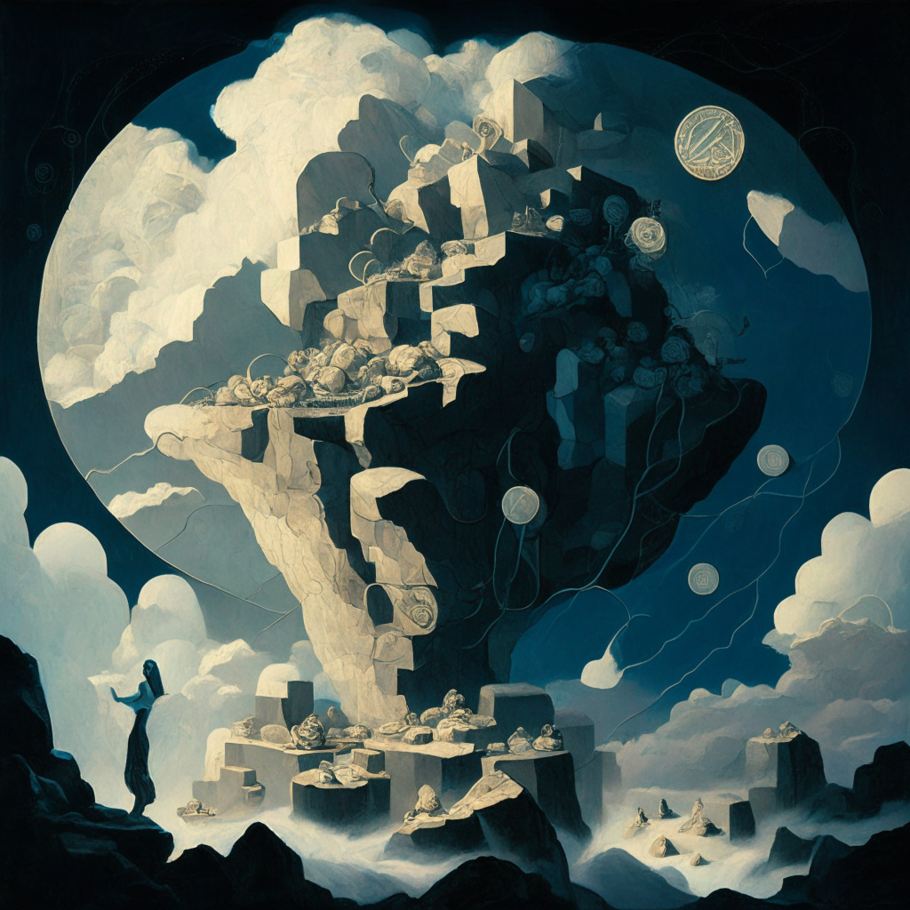 Dimly lit art nouveau setting that depicts the transformation from physical to digital currency, a colossal task symbolized by a massive boulder being leveraged over a cliff by symbolic figures. Advanced platforms and CBDC models represented as intricate, sprawling networks over a unified ledger. A cloud of apprehension hangs in the sky, hinting the uncertainty and challenges in the transactional world. Overall, a complex and intricate scene radiating a tense and anticipatory mood.