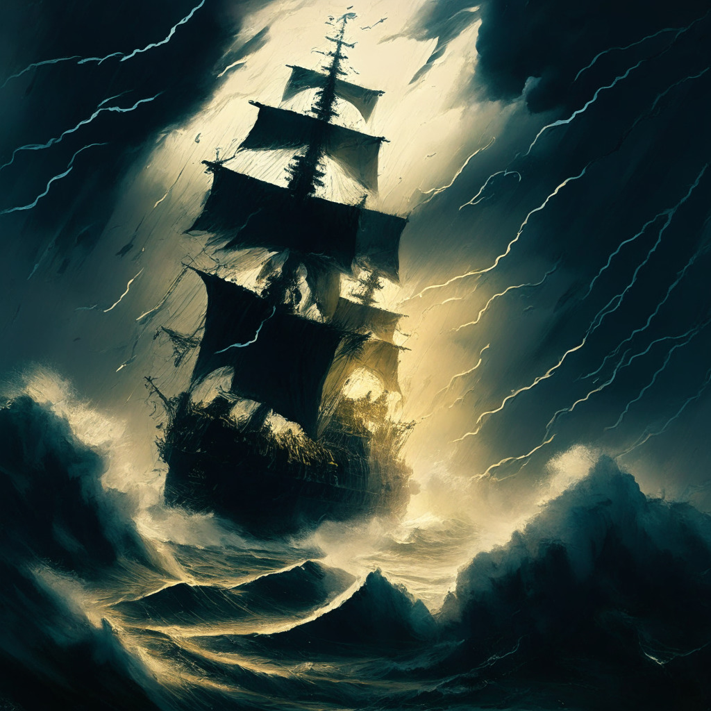 An abstract scene portraying a ship in a stormy sea, representing Binance's struggle with global regulators, A harsh light illuminates the scene, casting long, ominous shadows. The art style feels like an oil painting with a touch of surrealism. The overall mood is tense, with the simmering turmoil of the sea embodying the escalating regulatory pressures. The ship seems to navigate with difficulty, symbolizing Binance's uncertain future.