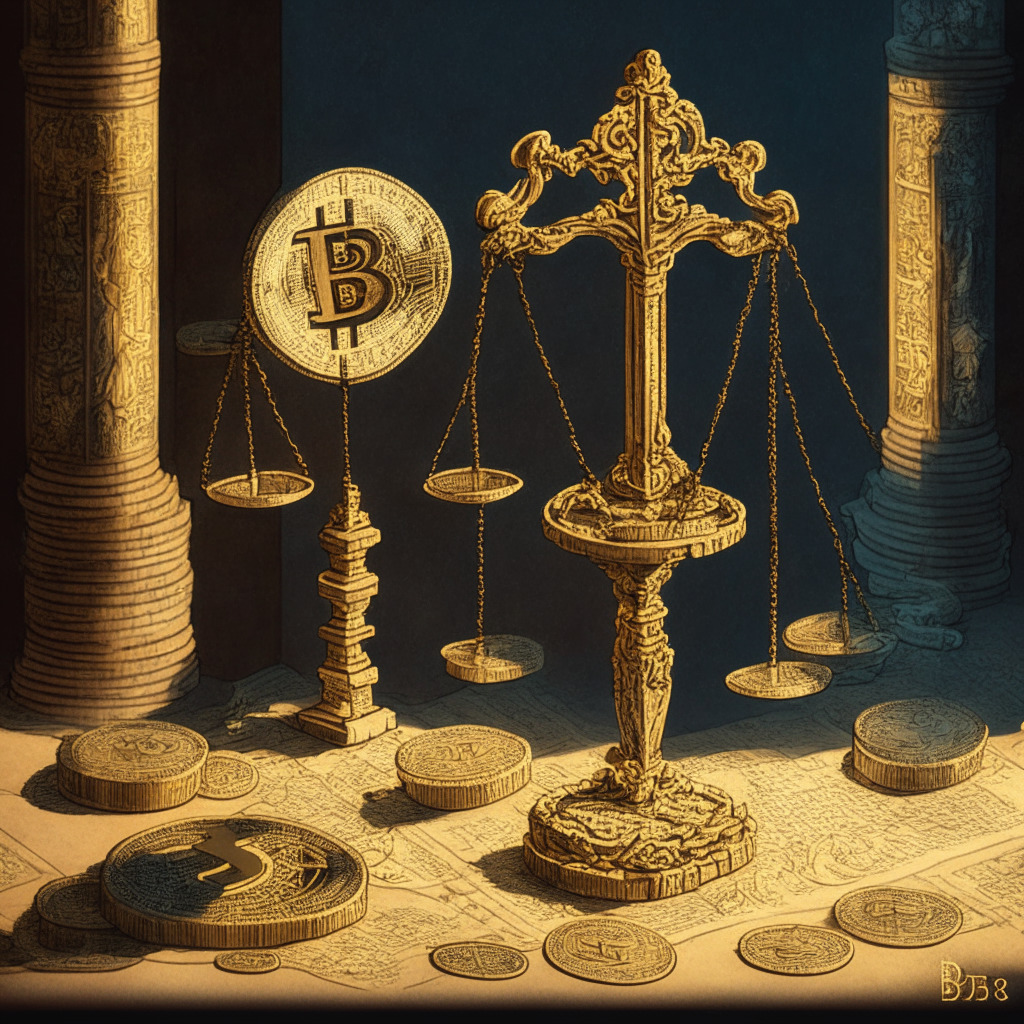 An expertly illustrated, Monet-style scene of a medieval balance scale where, on one side, there are intricately detailed Bitcoins and ETF papers, and on the other, a heavy, engraved symbol of regulations. Set in late-afternoon lighting, the warm glows and cool shadows instil a sense of uncertainty yet resilience, mirroring the balancing act between crypto market growth and regulatory scrutiny.