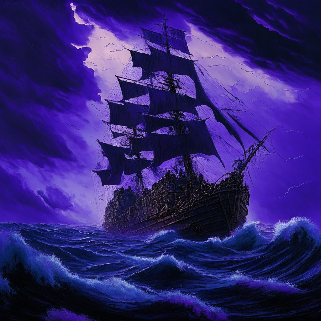 A late evening setting in a turbulent sea, under a somber sky tinged with purples and blues. In the foreground, a stable, traditional wooden ship labelled 'Terra' is being steered by a determined figure symbolizing the new CEO, Chris Amani. The turbulent waters represent the tumult caused in the crypto markets, and the lingering, distant storm represents the legal imbroglio. The ship is made of code snippets to symbolize the technological background. The directional light in the image coming from the far underlines the journey towards new horizons under uncertain conditions, casting long, dramatic shadows.