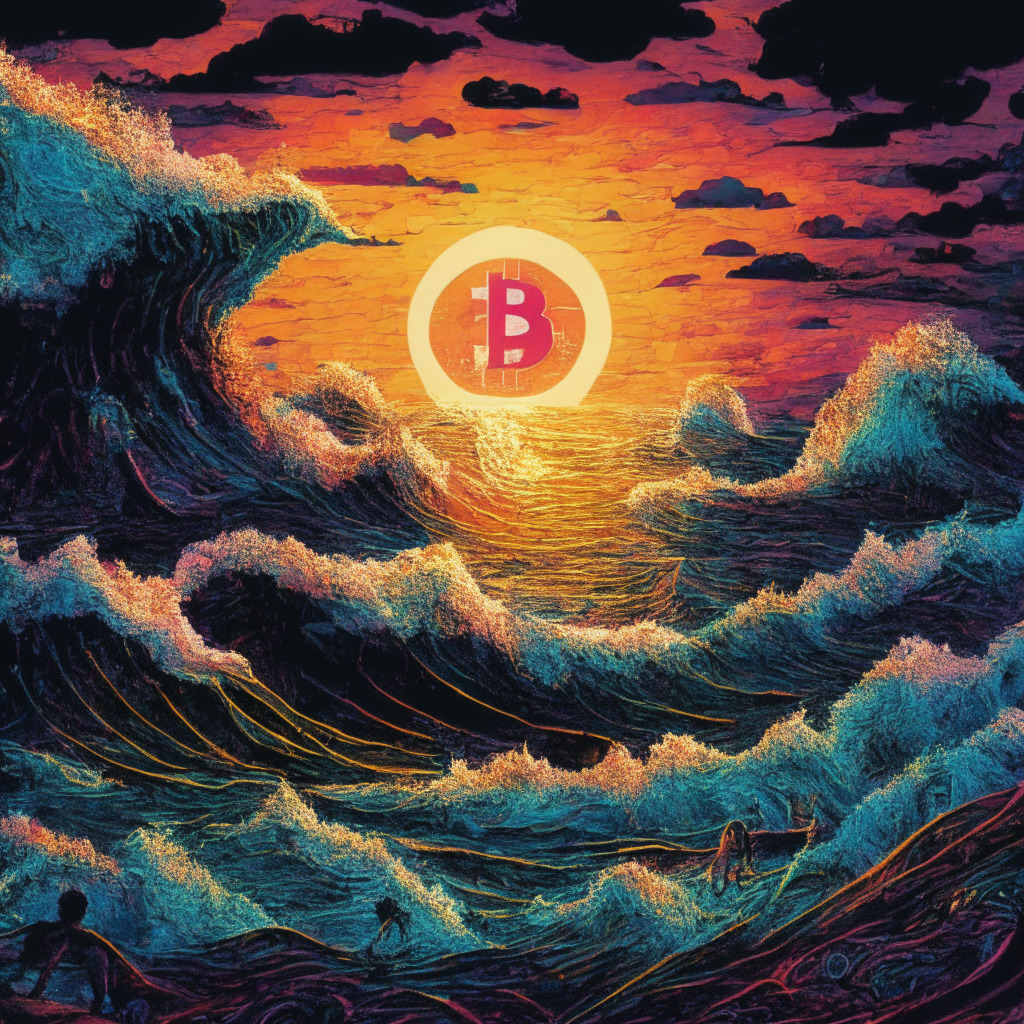 A tumultuous sea under a dawn-lit horizon, represents financial markets, tinged with hues of technology and time, Waves symbolizing the catalytic effect of Bitcoin in the DeFi revolution, vibrant kaleidoscopic elements depict technicolor opportunities. A summit with silhouettes of discussion, gratitude-illumined faces, a promise of an exciting rendezvous, reflects enthusiasm and unity in the crypto world,Uncertainty and rewards captured as a mysterious path unveiled from the sea.