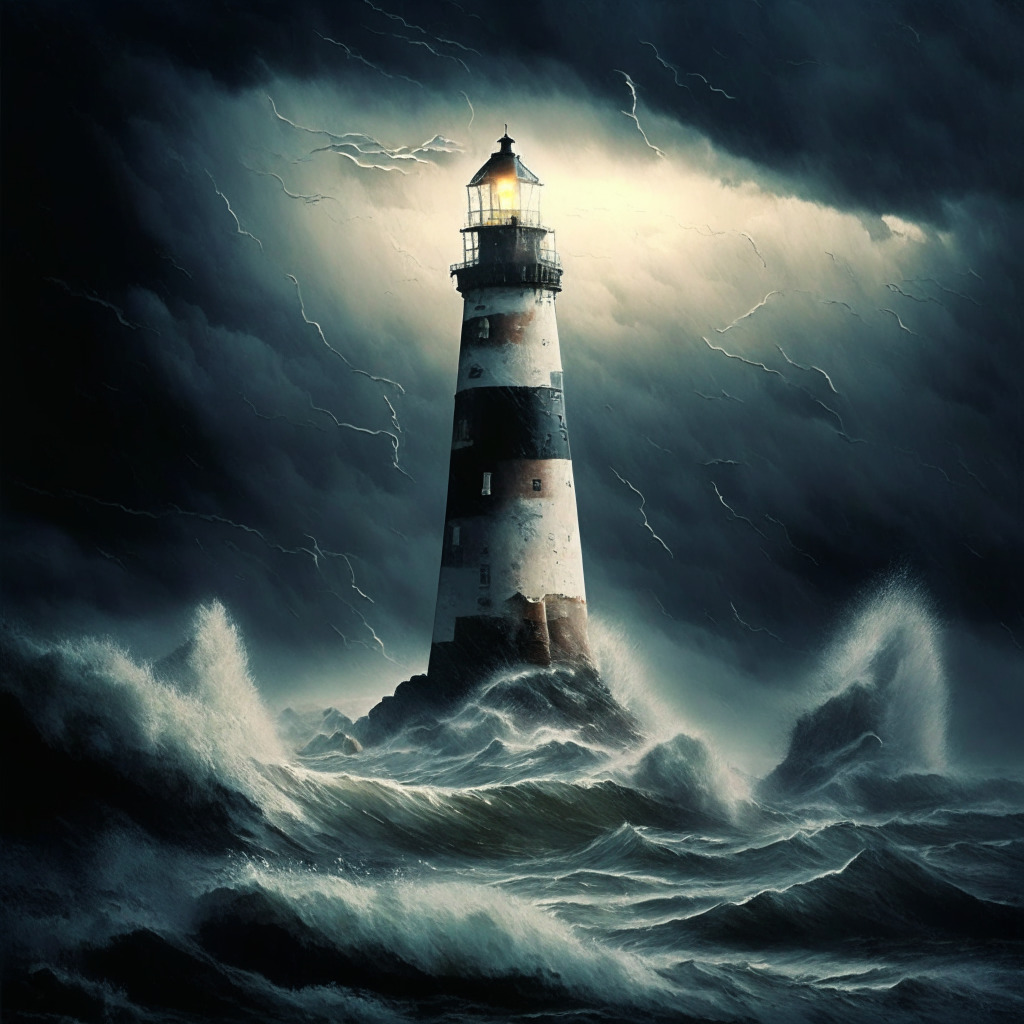 An ethereal, chiaroscuro-toned landscape, with storm clouds brooding overhead, a lone ship called 'Bitcoin' navigating choppy seas, aiming for a distant lighthouse named 'Resilience'. Amid the tumultuous waves, blocks of resistance and support act as stepping stones. The atmosphere is tense and dramatic, but the distant lighthouse provides a glimmer of hope.