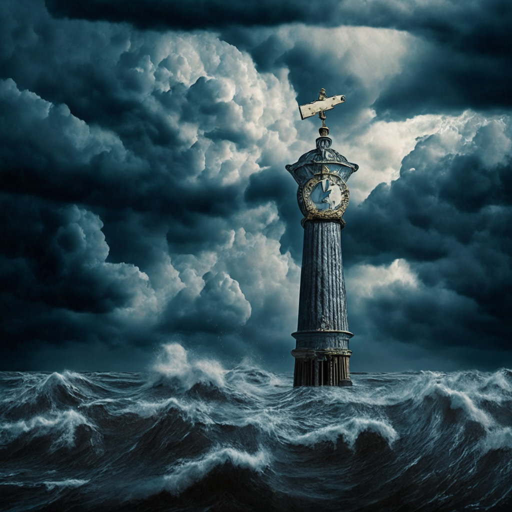 A turbulent sea under a stormy sky symbolizing Bitcoin market fluctuations, an imposing legal gavel enshrowded in thunderclouds represents legal issues, a conspicuous clock tower signaling a potential interest rate increase in the distant horizon. Style of chiaroscuro, emphasizing the stark contrast. Overall mood, suspenseful, foreboding yet hinting a glimmer of hope.