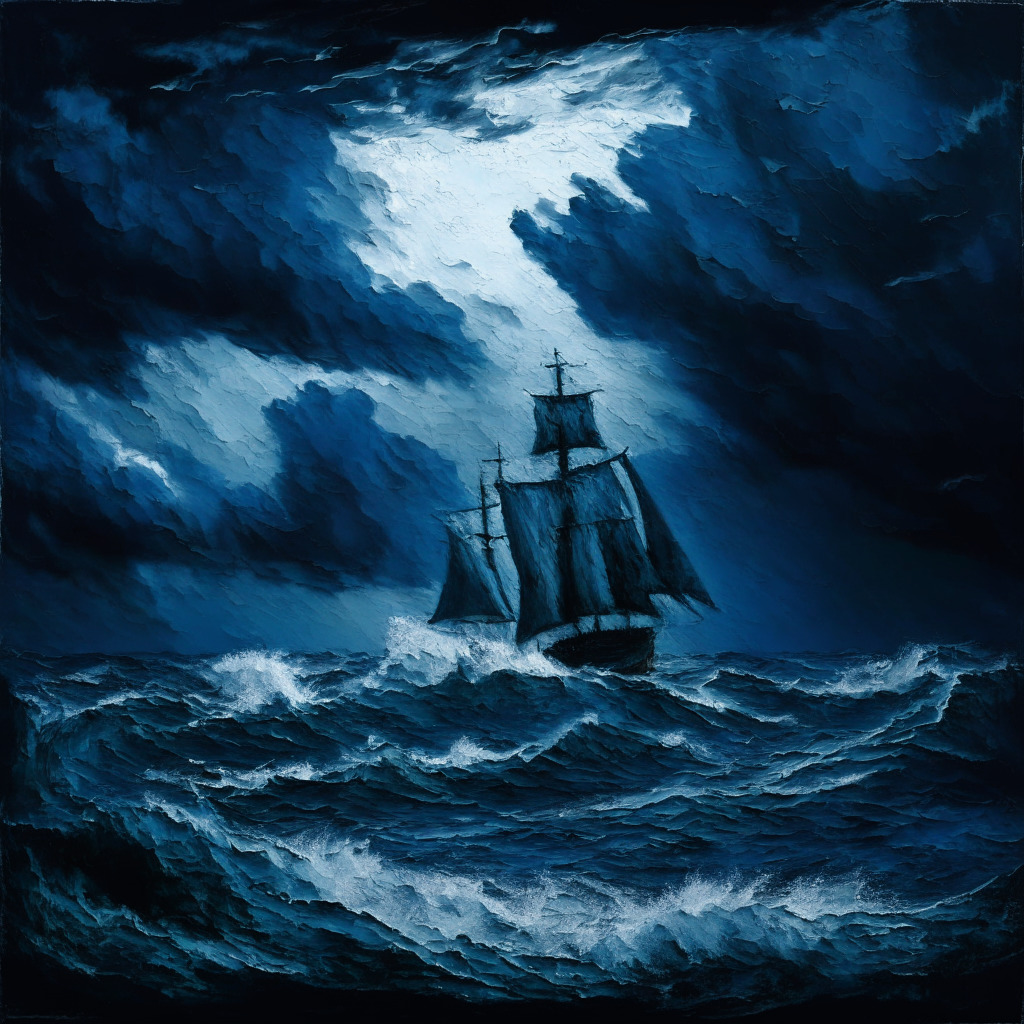 A tempestuous sea under an ominous sky, symbolizing the recent cryptocurrency downturn. Rough waves represent the turbulence of Bitcoin, Ethereum and altcoins. An unsteady sailboat evokes the shaky ride of investors. Palette of dark blue and grey showcasing a stormy mood, stylized in an impressionist manner. Distant glimmer of light hinting potential rebirth.