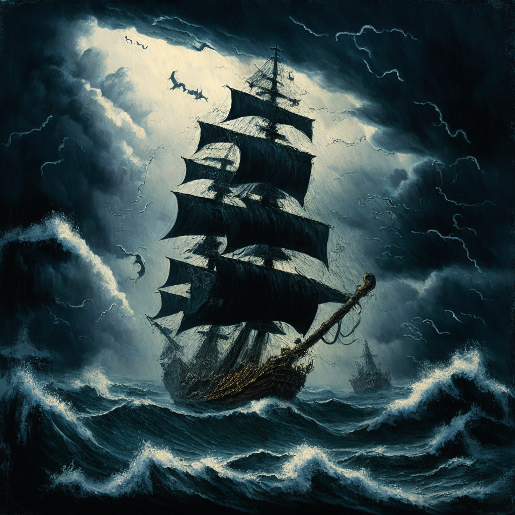 An ominous, stylized scene on a stormy sea, with tumultuous waves representing a falling Bitcoin value under $30K. Dark, brooding clouds, symbols of macroeconomic and regulatory challenges, hang heavy overhead. An antique galleon, symbolizing investors, anchors against the dangerous water. The painting is in an Impressionistic-style, embodying the uncertainty surrounding the cryptocurrency market.