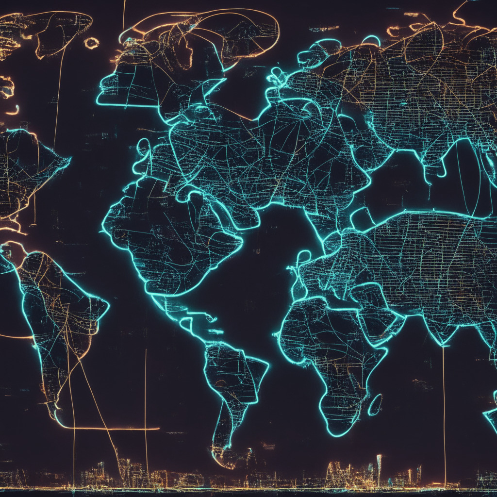 A global map etched in luminous neon lines indicating blockchain networks, artistic style- abstract expressionism. The world is draped in twilight hues, cities pinpointed with lights indicating crypto hotspots. Reflect an electric, oscillating mood, and tension between light and shadow reflective of regulatory fluctuations and cyber threats. In the foreground, stern but ambiguous figures representing regulators, a faintly visible cash wallet, and blurred 'Caution' signs suggesting risks.