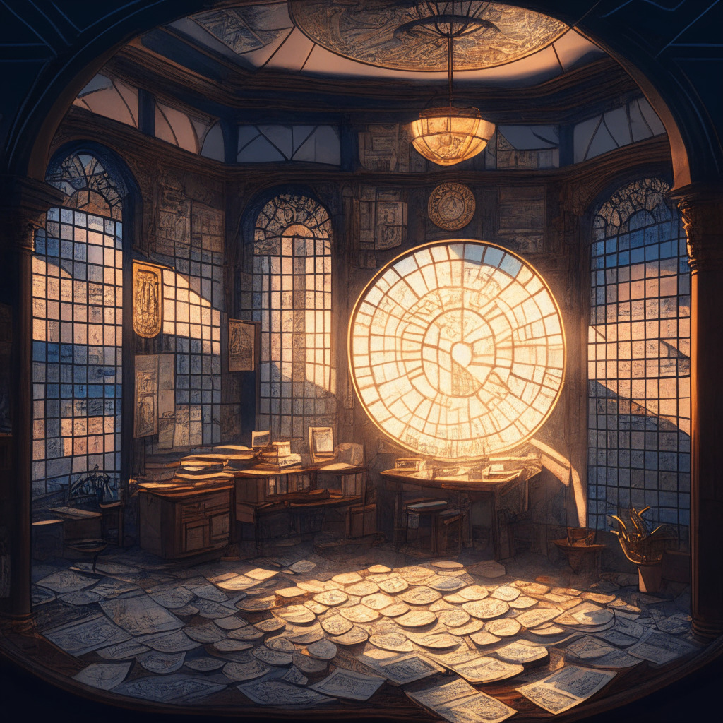 An intricate scene inside an old Spanish-style office filled with aged, well-worn tax papers and symbols of cryptocurrency. Elegant stain glass window on one side casts a warm twilight glow, showcases a striking Spanish landscape in the backdrop. Dominating the scene is a traditional balance scale, one scale pan overflowing with coin representations of Bitcoin, BNB, USDT, while the other is filled with symbolic shapes representing losses. Around the room are ghost-like figures of investors, their countenances a blend of concern and contemplation. The scene is rendered in a Noir style with abstract surrealist undertones hinting at the volatility and uncertainty of the crypto market. It is a snapshot of intense sophistication and hushed tension.