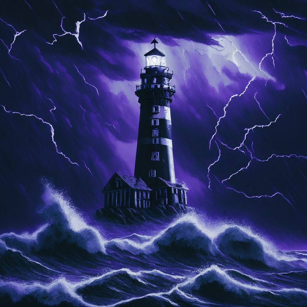 An ominous storm brewing over a dark, tumultuous sea symbolizing Bitcoin's bearish cycle, lightning illuminating a sinking ship representing a falling BTC. The sky subtly transitioning from dark blue to a slight purple hue indicating Federal reserve's decision. A striking contrast of a lighthouse on a distant shore, symbolizing the beacon of hope that is ETH and XRP, its light warm but uncertain. Cast in an expressionist style, conveying a sense of impending uncertainty and intense drama.