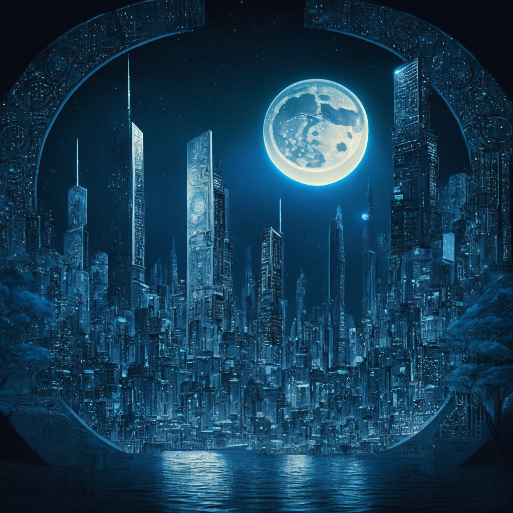 A night scene in a futuristic city skyline resonating influences from Neo Oriental Art, with a massive analogues Yuan coin in the center surrounded by holographic digital coins representing stablecoins and CBDCs, glowing softly under the moonlight. The palette is of calming blues and greys portraying the quiet tension of monetary evolution while the city sparkles in golden signifying economic prosperity. The mood is one of anticipation, uncertainty, and subtle defiance.