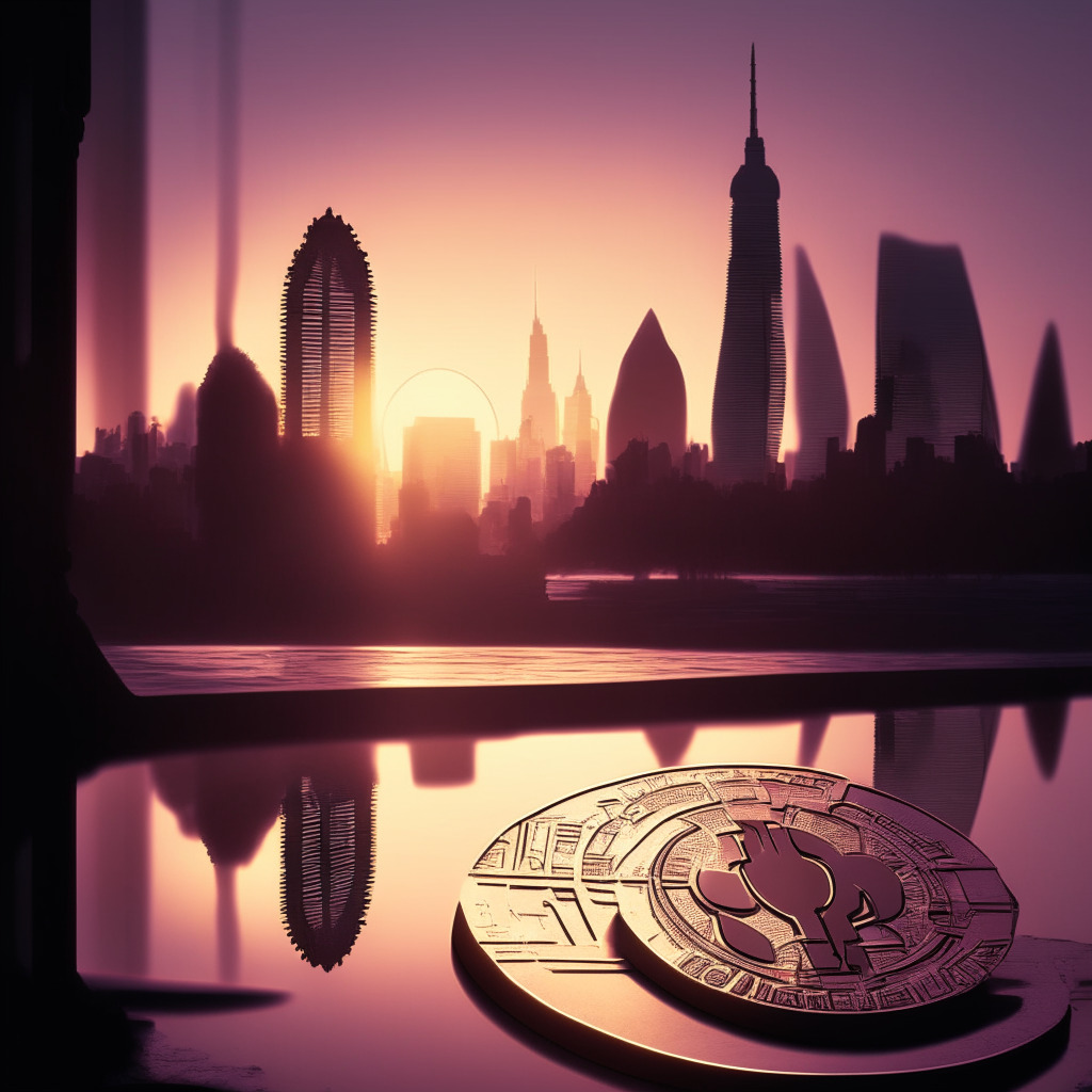A futuristic cityscape at dawn, lit by the first blush of daylight. A digital pound coin imprinted with the Bank of England's emblem rests in the foreground. Shadows hint at the intrigue of privacy and security issues, while soft light suggests hope and progress. The mood is contemplative, the style akin to a neo-noir graphic novel.