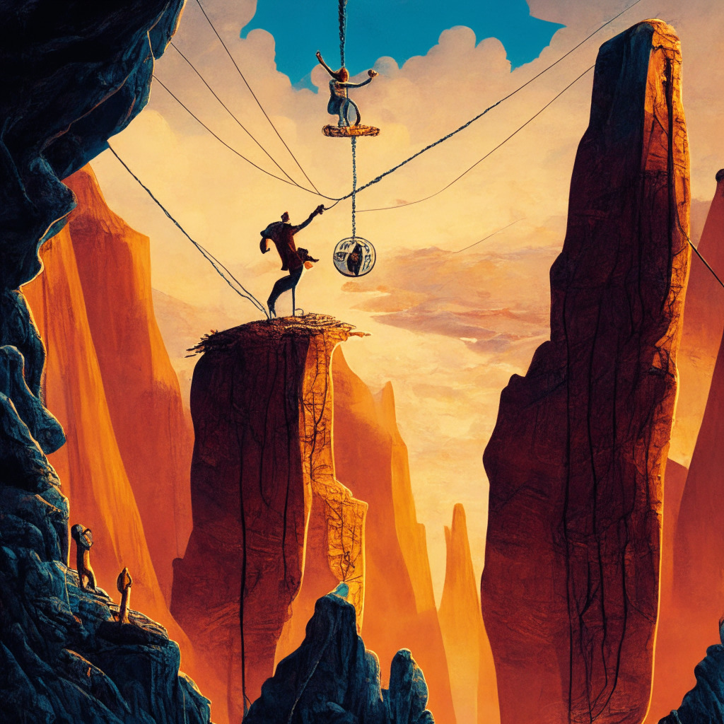 A tumultuous crypto market scene with ARK Invest and Coinbase as central figures, situated on a tightrope stretched precariously over a canyon. The sky depicts a sunset, indicating the regulatory scrutiny looming like a storm. The environment is stylistically surreal, encapsulating tension and intricate maneuvers. The mood is one of suspense and apprehension.