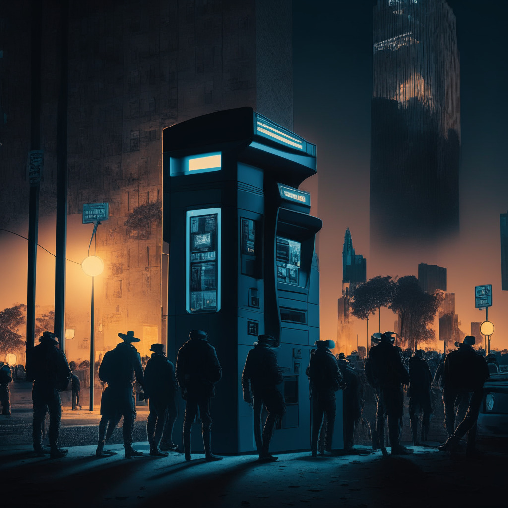 A surreal image of a crypto ATM with police tape wrapped around it, signifying its closure, in the middle of a bustling city at dusk, a heavy shadow cast onto a group of faceless regulators and enforcement agents surveying the site, lit by the twilight hues of mystery and apprehension, The background encapsulates an ambiguous skyline representing the uncertain future of blockchain technology.