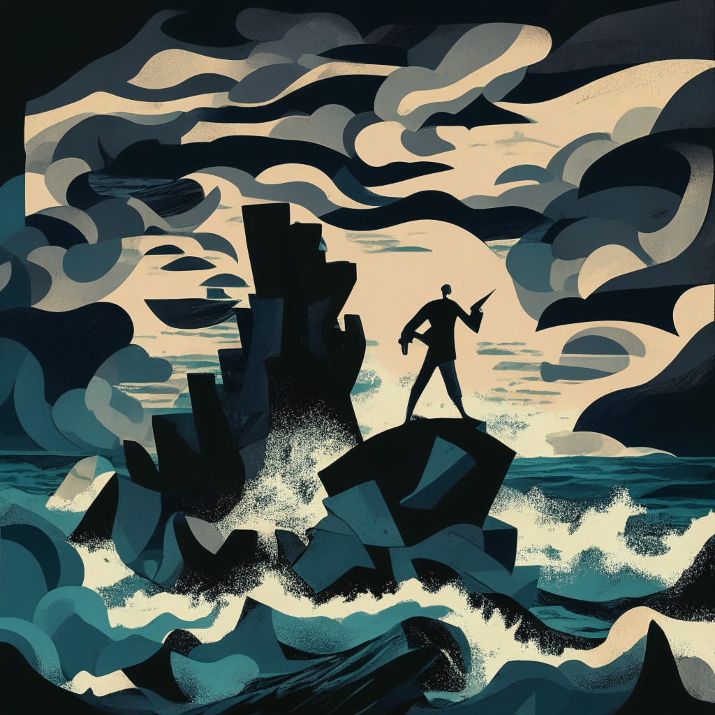 A turbulent seascape at dusk, waves crashing, symbolizing the rocky journey of the WLD token. Skies are undecided between storm and calm, representing market tendencies. A silhouetted figure with scanning device in hand stands, symbolizing token distribution model. Mood: tense, precarious. Art style: Cubist.