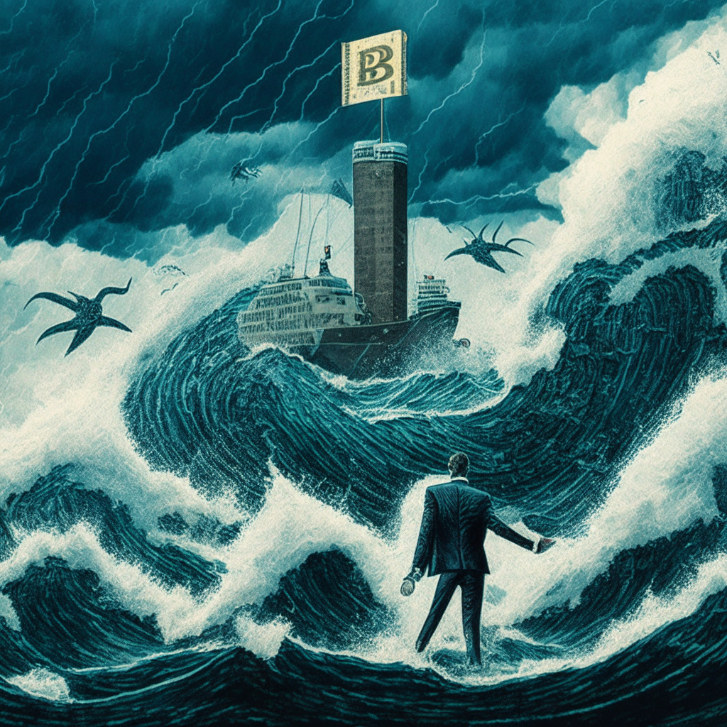 A stormy sea with mammoth waves, representing the volatile crypto market, with financial ships caught in the waves. On one side, a man in a suit (symbolizing major financial houses) bravely challenging the storm, on another, a shackled digital coin in the air, highlighting regulatory restrictions. A digital landscape showing Bitcoin's cycle in the background, An intense atmosphere, with turbulent clouds and lightning, encapsulating uncertainty and conflict. Artistic style: impressionistic, Monochromatic color scheme symbolizing grayscale of trust deficits and progress' complexity.