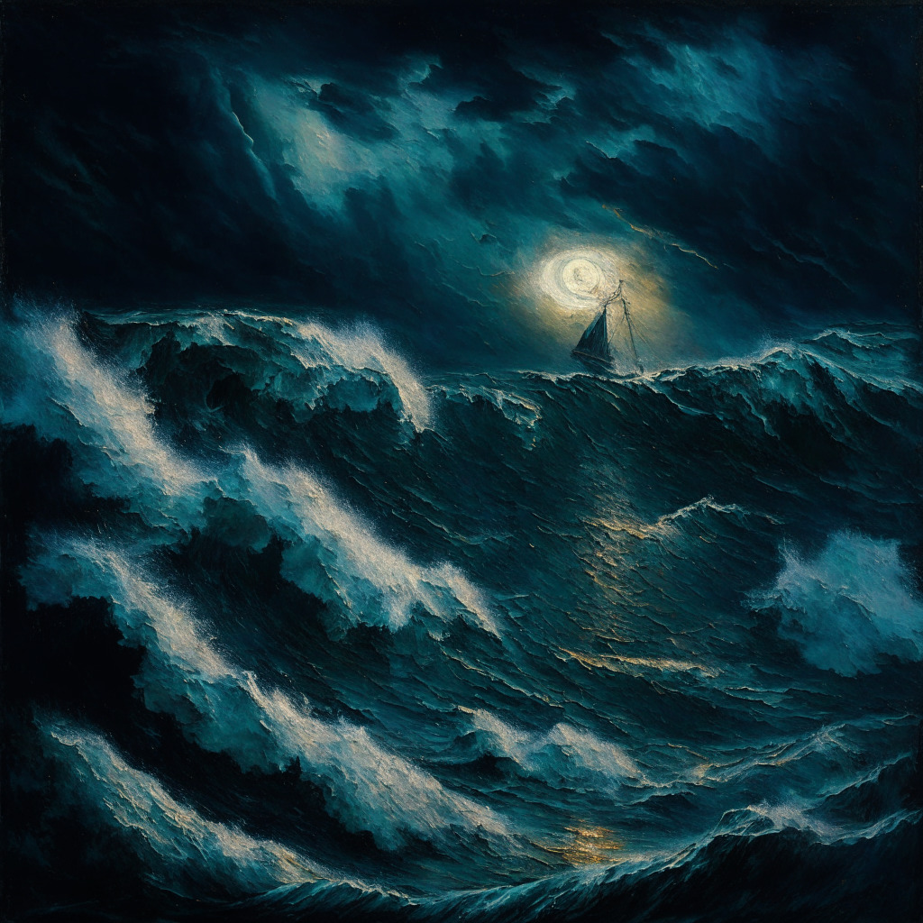 A gloomy, stormy sea under a night sky, tumultuous waves depicting crypto market volatility. Prominently, a sinking Bitcoin coin, symbolizing its price dip below $30k, looms. The mood is tense and uncertain. The painting style is reminiscent of a Romanticism era piece, with dramatic light playing on the tumultuous waves, hinting at possible recovery.