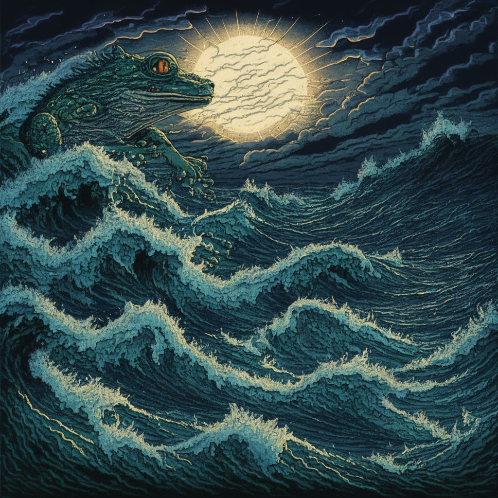 A digital ocean unsteady with wild cryptocurrency waves at twilight. Tokens represented by symbolic elements - a powerful yet volatile wolf, an erratic leaping frog, the resilient Pepe, radiating a hopeful glow. In conflict, a menacing yet promising figure, Evil Pepe, basks in its solitary strength, undeterred by the storm. Mood: Dramatic, risky, fluctuating.