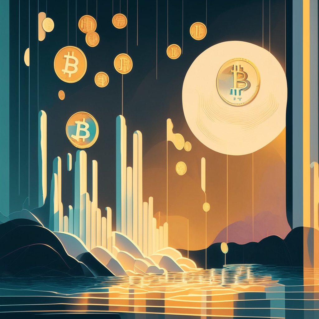 An abstract representation of cryptocurrency market dynamics bathed in soft dusk light to set a hopeful yet vigilant mood. Feature a spectrum of coins symbolising Bitcoin and major altcoins in varying states of lift-off or suspension, a wave-like graph to show volatility, use surrealist art style.
