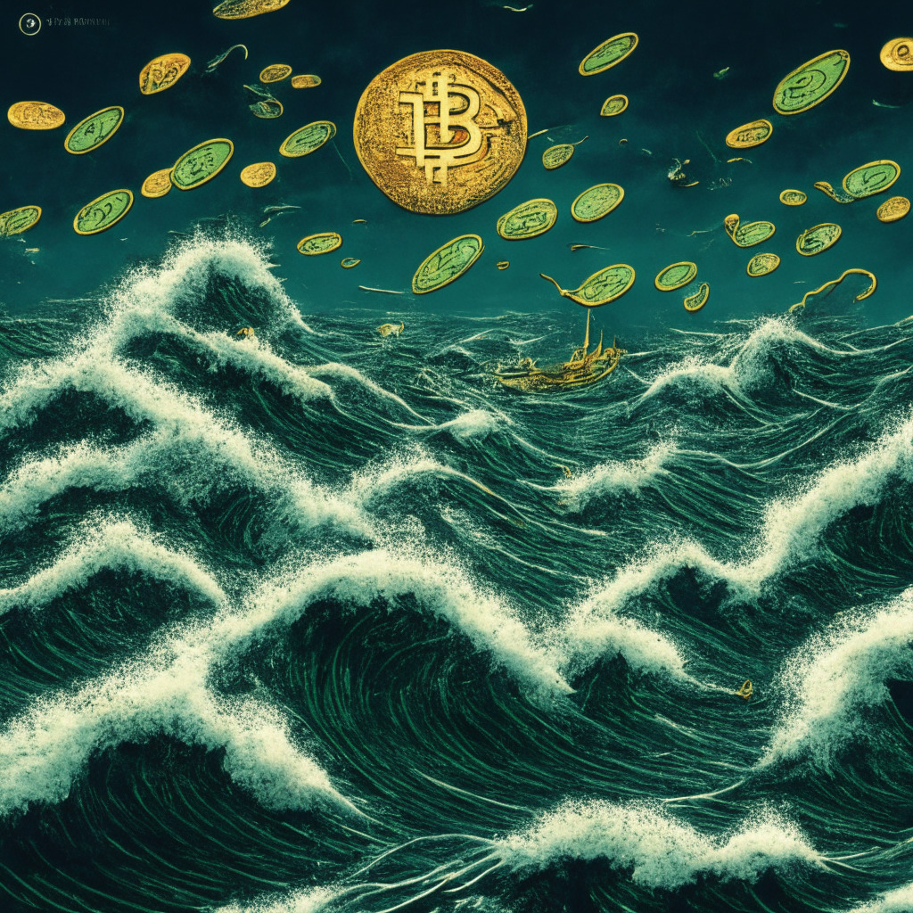 A swarm of digital coins riding on their distinct waves over the turbulent sea, symbolizing volatile crypto market. Bitcoin stands tall facing ongoing waves. Flex Coin surges ahead, Evil Pepe Coin promises bounty, Chainlink balances on a sharp ridge, BTC20 gleams with green energy, Sui rides high. Dark stormy sky reflects market volatility, while a distant golden horizon implies potential gains.
