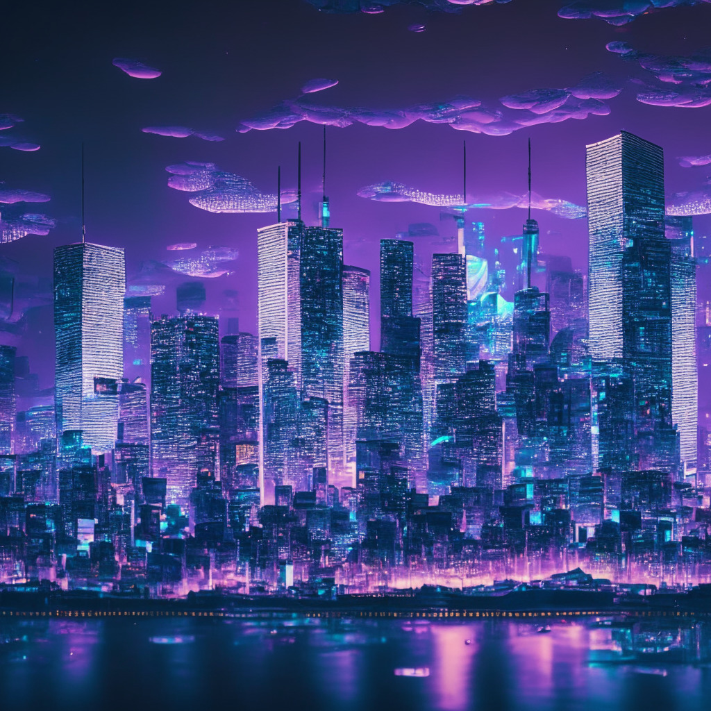 An intricately detailed future-focused cityscape of Tokyo at dusk, illuminated by glowing holographic currencies floating in the skyline, symbolizing Japan's potential surge in stablecoin adoption. The city vibrates with an upbeat mood, reflecting the nation's progressive stance on stablecoin legislation. The scene is bathed in muted purples and blues, highlighting an air of optimism and curiosity. The style leans on realism yet has a touch of tech-inspired surrealism.