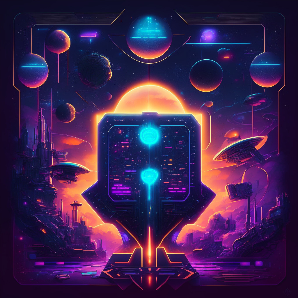 A digital universe, bathed in twilight hues referencing the Web3 evolution. It includes a launchpad, symbolising Launchpad XYZ, emanating radiant, futuristic light. Incorporate stylised icons of education, gaming, and Metaverse within this cosmos. Picture a currency token in vibrant tones, quietly dominating the frame. The overall mood is optimistic, electric yet slightly mysterious, underscoring the thrill and risks of navigating the Web3 universe.