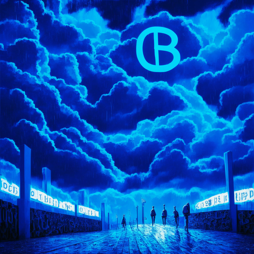 Moody yet vibrant scene of a stormy stock market landscape under a dramatic cobalt blue sky, luminous digital numbers symbolizing BTC price with a spotlight on $30,558. A pathway paved with rejected Bitcoin spot-price ETF submissions. A formidable wall embossed with 'SEC' in the background. Figures symbolizing Coinbase and Cboe confidently walking towards the wall, each holding fresh Spot Bitcoin ETFs. To the side, a $31,000 status quo, tantalizingly out of reach. Further away, a dark cliff's edge labelled ‘$28,000’ looms ominously. Balancing the ambiance are warm rays heralding a sunrise, allegorical of FTX's resurgence, casting long hopeful shadows. The mood is both tense and hopeful, painted in the style of a surrealist dreamscape.
