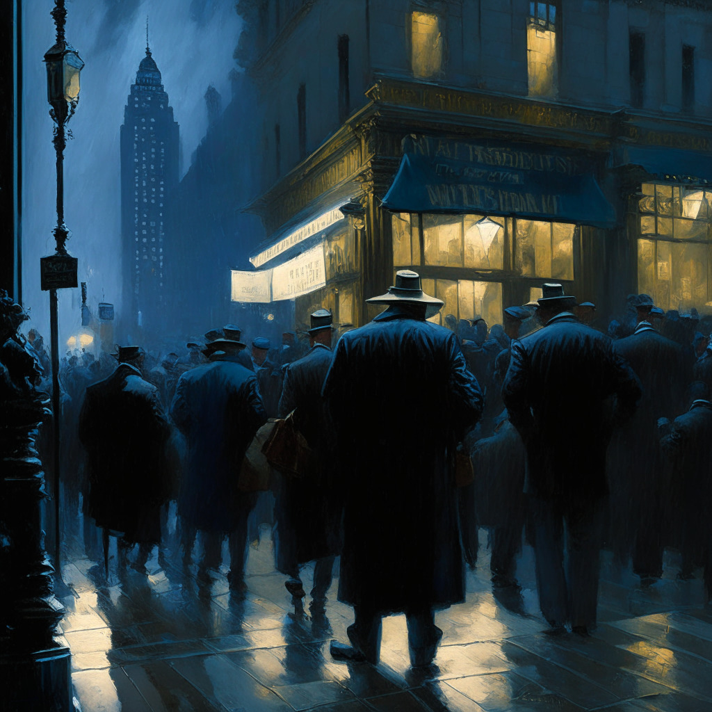 A nocturnal, tempestuous market street scene under stormy skies, with shadows of anonymous traders bustling, symbolizing uncertainty and risk. A golden $31K post illuminated in soft light stands sturdy amid dynamic currents of trade. Dominated by cool blues and deep grays, evoking a mood of anticipation and optimism against a somber economic background.