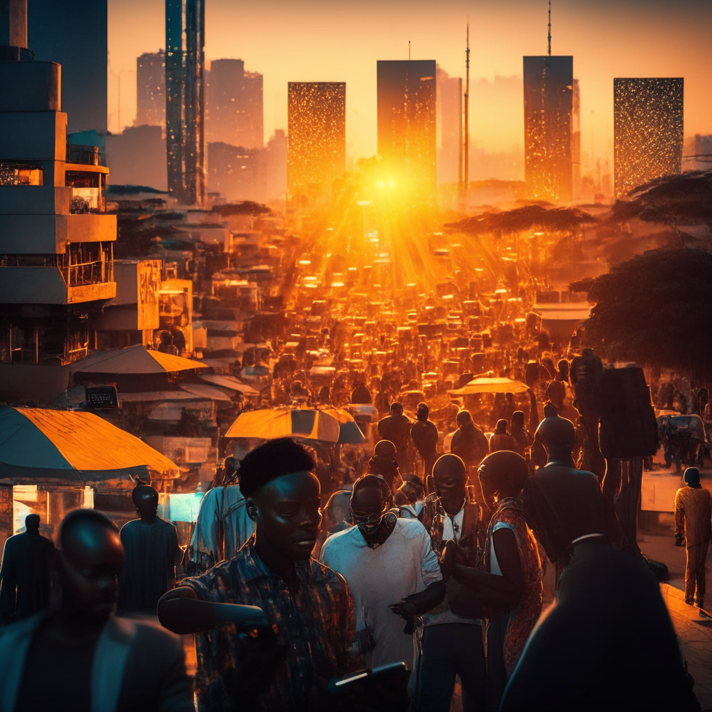 A bustling cityscape of Nigeria at dusk with vibrant marketplaces, towering bank buildings, illustrating its digital transformation. People intently engage with their mobile devices, symbolizing the eNaira CBDC usage. Near Field Communication tech visualized as glowing, connecting arcs between devices. Mood: Optimistic yet uncertain, light setting: Golden hour.