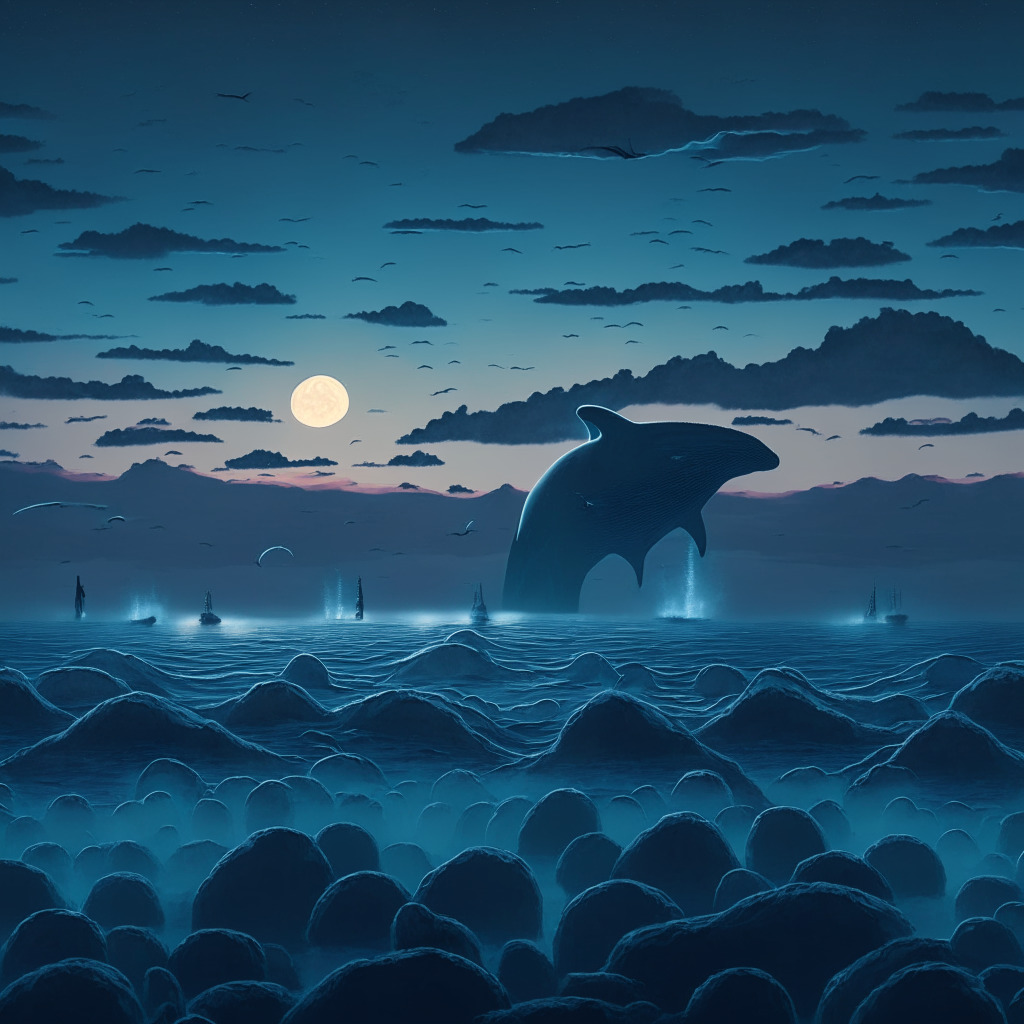 A surreal landscape under a dim twilight sky. Foreground: a vast, calm ocean, emblematic of stable bitcoin above the $29.2K mark. Middle ground: large, inactive behemoths depicting Bitcoin whales in dormant state. Background: Distant silhouettes of fluctuating but resilient altcoins. Mood: Calm silence ahead of potentially big waves in the crypto world.