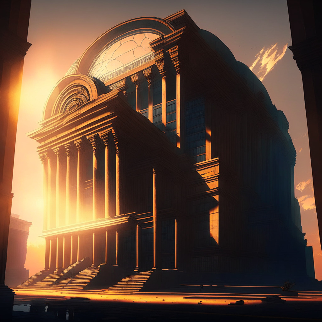 An imposing courthouse bathed in the soft glow of a setting sun, surrealistic style, full of mystifying shades and shadowy corners. The interior is a jigsaw of complexities seen through a transparency, crypto coins hover in the air as if on trial. The mood is one of uncertainty, ambiguity, caught between radiance and obscurity, reflecting the uncertain legal status of cryptocurrencies.